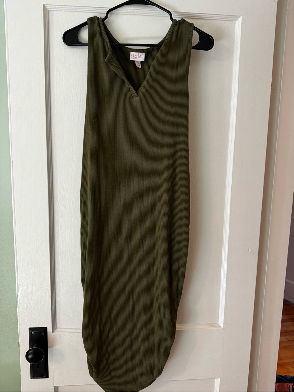 Maternity olive green sleeveless ribbed midi dress